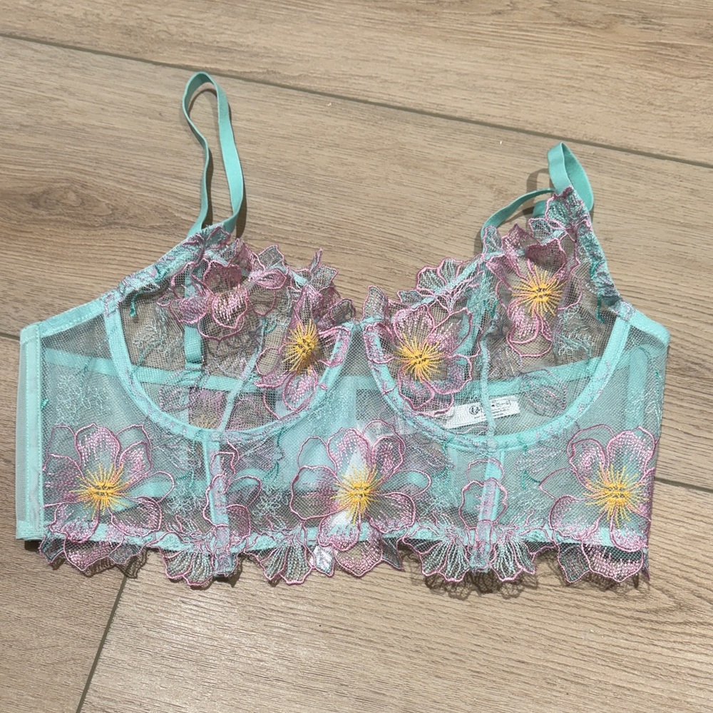 Elegant Floral Lace Bralette in Blue and Pink